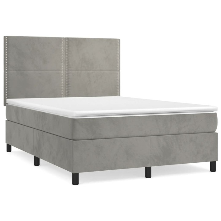 Pat box spring cu saltea vidaXL, gri deschis, 140x200 cm, catifea, 57.33 kg
