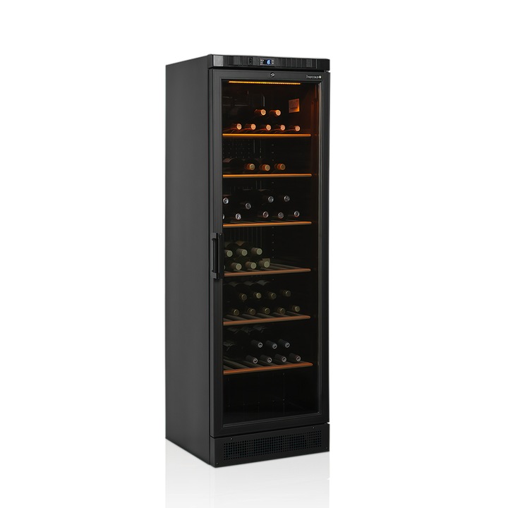 Vitrina Frigorifica Profesionala pentru vinuri, cu o usa, Negru, Temperatura reglabila, Iluminare LED, 60x64x184cm