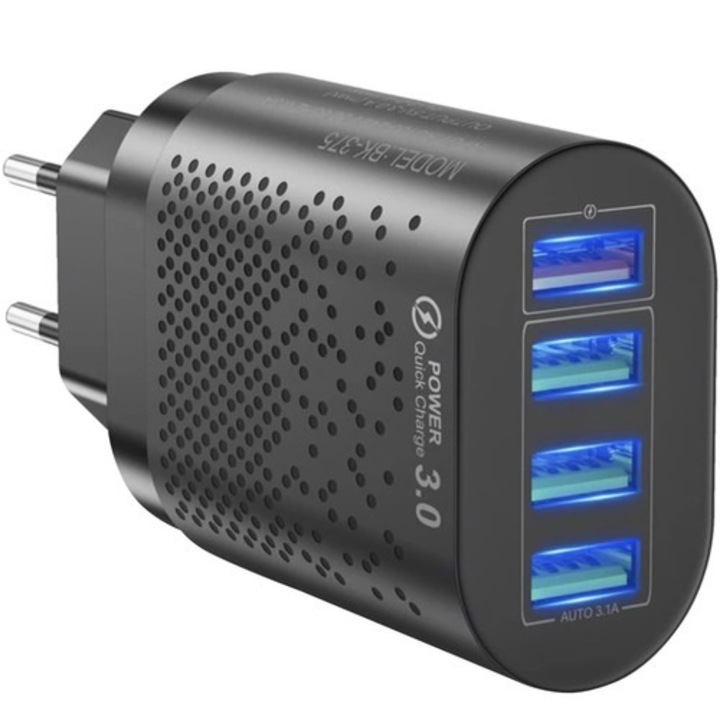 Töltő 4 USB porttal Micro USB kábel / világítás / USB-C típusú, ultragyors töltés, hőmérsékletvédelem, 5 x 8,5 x 3 cm