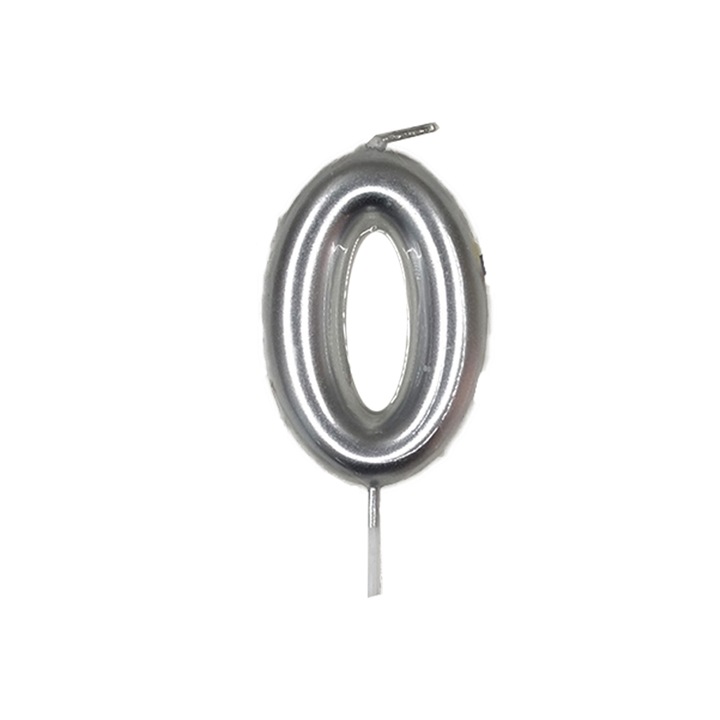 Lumanare aniversara pentru tort, cifra 0, Mirific Party, argintiu, 8 cm