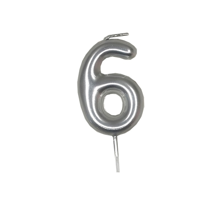 Lumanare aniversara pentru tort, cifra 6, Mirific Party, argintiu, 8 cm