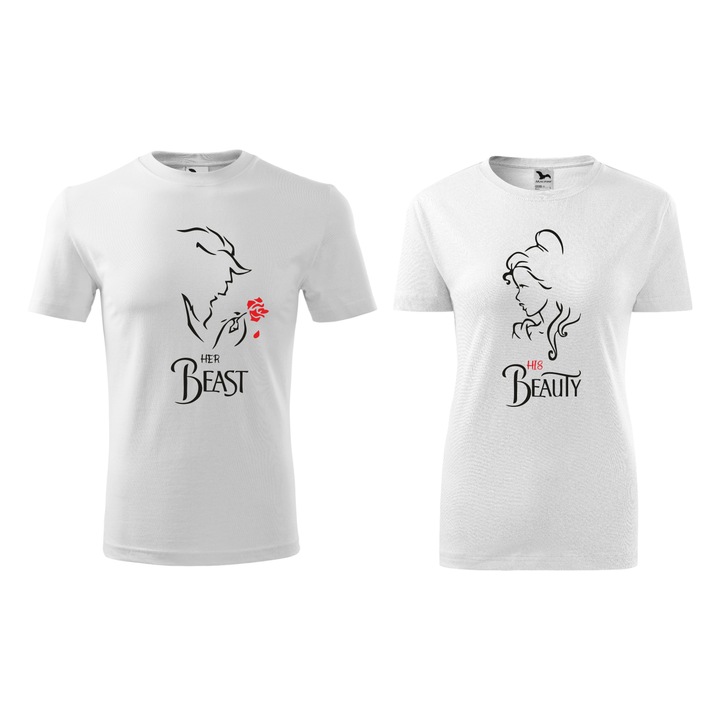 Set Tricouri personalizate, model clasic, "Beauty and beast", Alb, Dama si Barbat, Marimi S-3XL