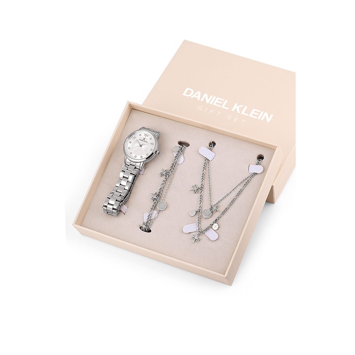 Ceas pentru dama Daniel Klein Gift Set DK.1.13285.1, Cutie cadou, Accesorii din inox, Lant si bratara Daniel Klein