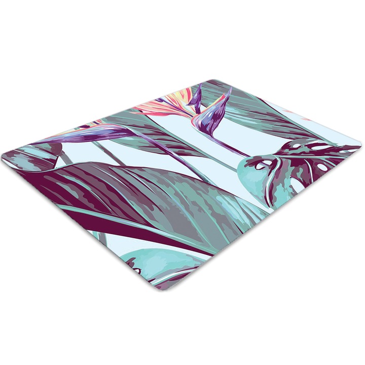 Covor pentru scaun de birou, PVC, frunze exotice, Albastru, 140 cm x 100 cm, 010250310030100030050