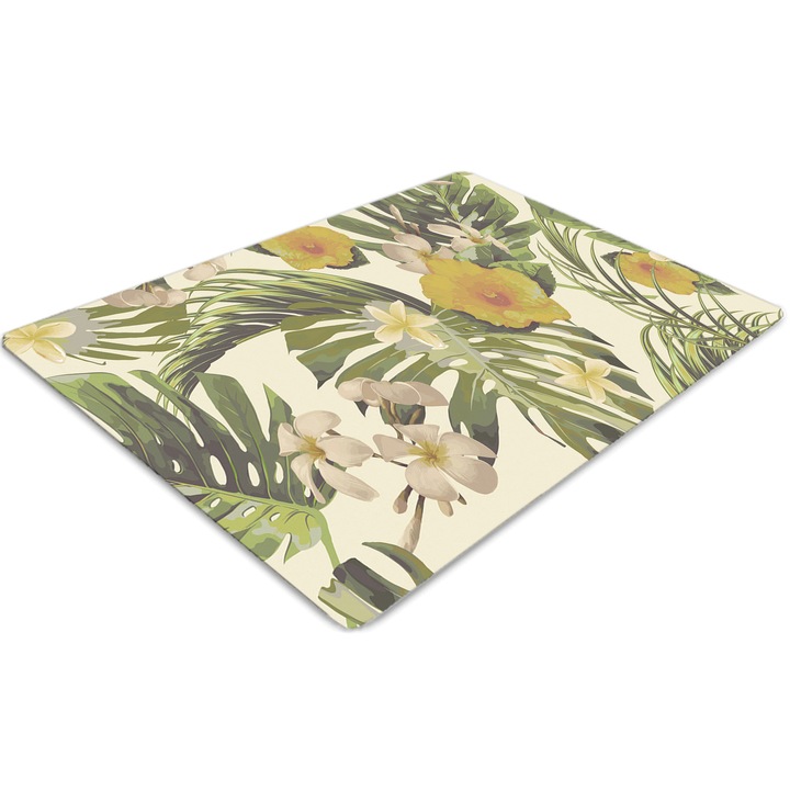 Covor PVC. Tulup. Vinil. Dreptunghi. Frunze si flori tropicale. Verde. 100 cm x 70 cm. 010250310010100051105