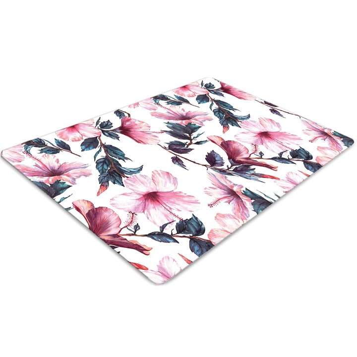 Covor pentru scaun de birou, PVC, flori de hibiscus, Roz, 140 cm x 100 cm, 010250310030100006629
