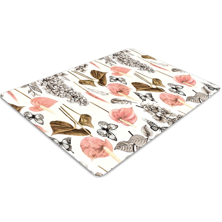 Covor pentru scaun de birou, PVC, flori si fluturi, Verde, 140 cm x 100 cm, 010250310030100010891