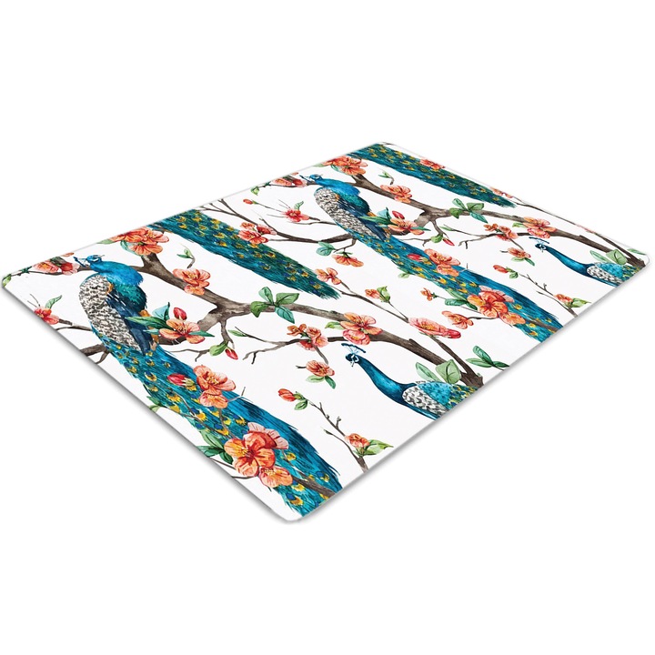 Covor pentru scaun de birou, PVC, pauni si flori, Albastru, 140 cm x 100 cm, 010250310030100030578