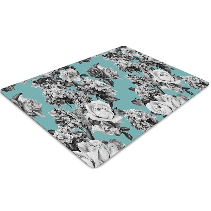 Covor pentru scaun de birou, PVC, trandafiri alb-negru, Albastru, 140 cm x 100 cm, 010250310030100030053