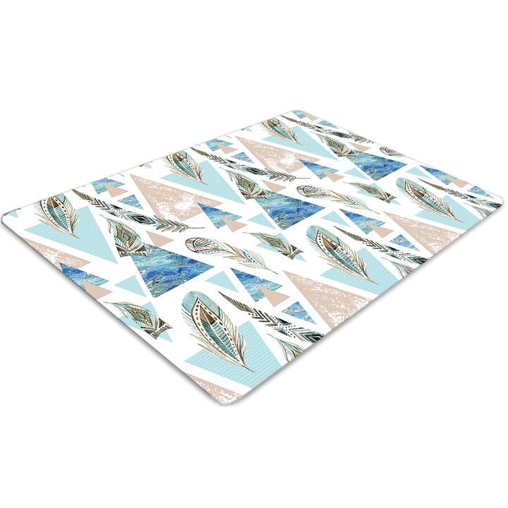 Covor pentru scaun de birou, PVC, triunghiuri si pene, Albastru, 140 cm x 100 cm, 010250310030100029399