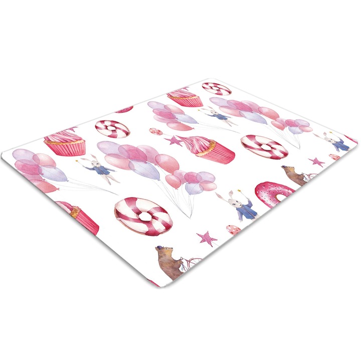 Covor pentru scaun de birou, PVC, bomboane si baloane, Roz, 140 cm x 100 cm, 010250310030100029443