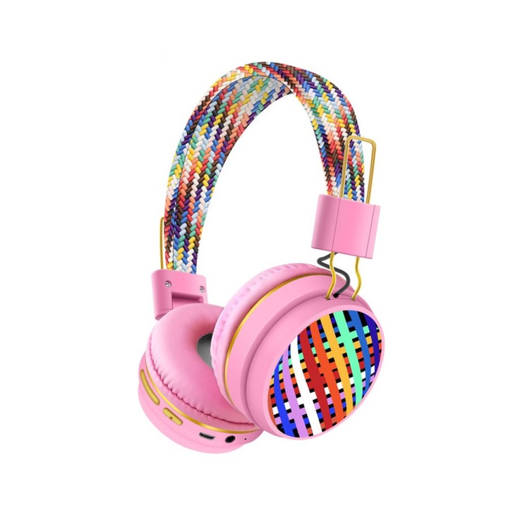 Fülhallgató gyerekeknek, New Rainbow Modell, Vezeték nélküli, Bluetooth 5.1, Kényelmes, Állítható és Összecsukható, Rózsaszínű