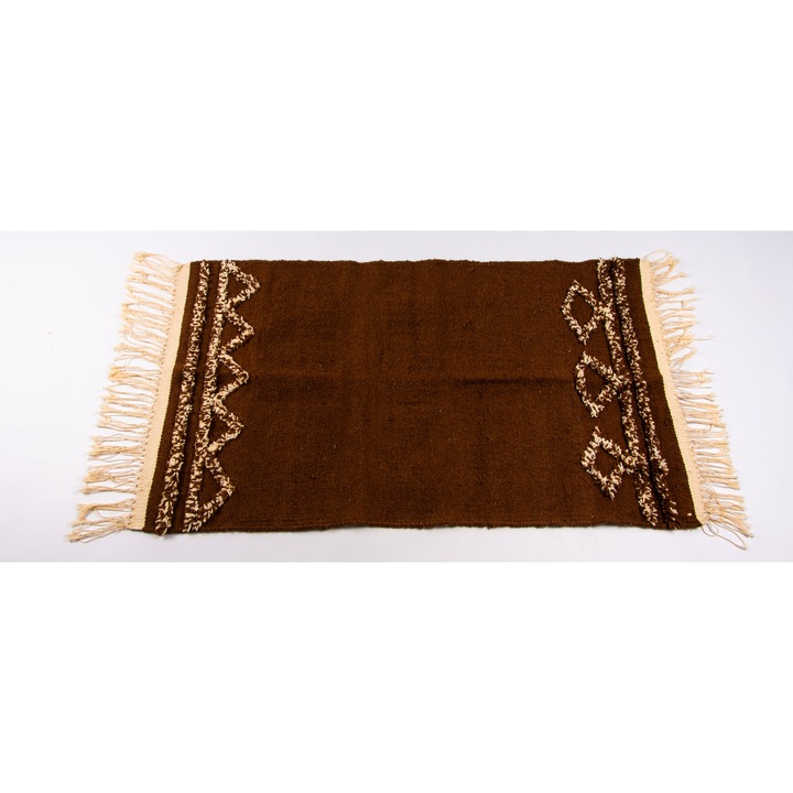 Covor tesut manual din lana naturala maro cu alb 110 x 60 cm