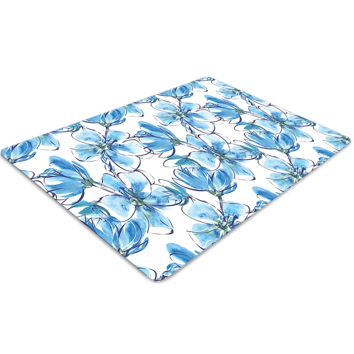 Covor pentru scaun de birou, PVC, flori de acuarela, Albastru, 140 cm x 100 cm, 010250310030100030055