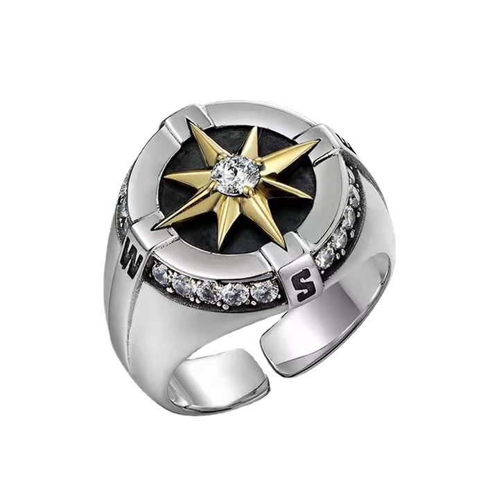 Inel pentru barbati cu busola, retro hip-hop, deschidere reglabila