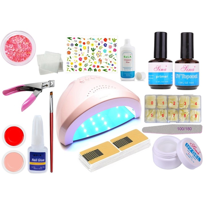 Kit unghii false cu gel uv, nr.98, lampa led, Rose, 163 piese, Sela