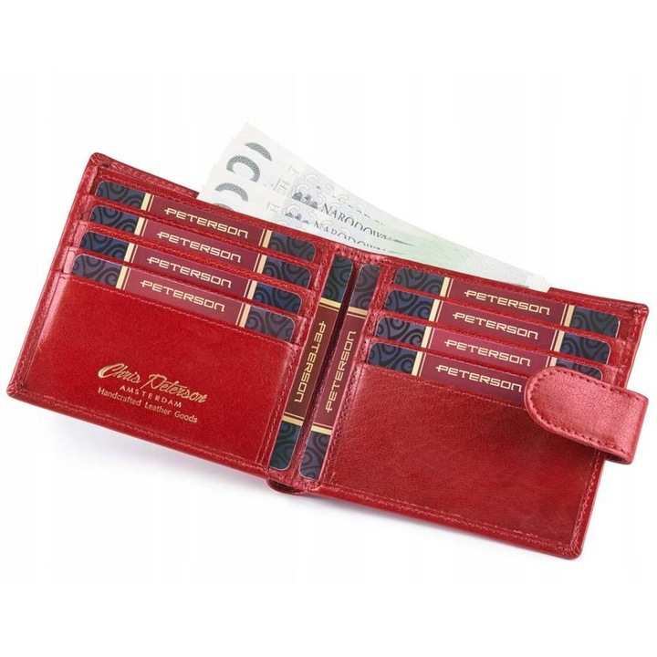Portofel Barbati, Peterson, 12x9.5 cm, Piele Naturala, 8 Locuri Pentru Carduri, 2 Compartimente Pentru Bancnote, 1 Compartiment Pentru Certificat De Inmatriculare, Rosu