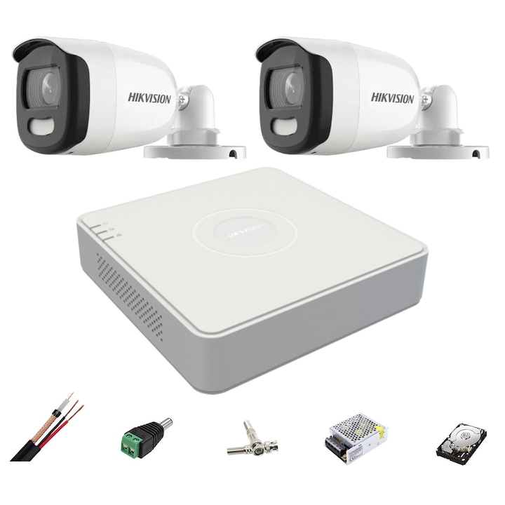 Kit supraveghere Hikvision 2 camere interior 4 in 1, 8MP, 2.8mm, IR 30m, DVR 4 canale, accesorii, hard disk