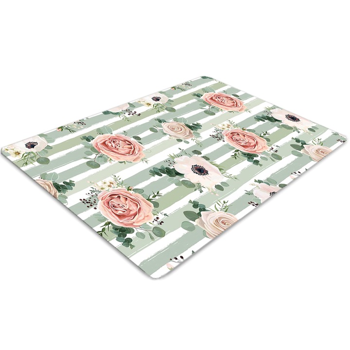 Covor pentru scaun de birou, PVC, trandafiri in dungi, Verde, 140 cm x 100 cm, 010250310030100030131