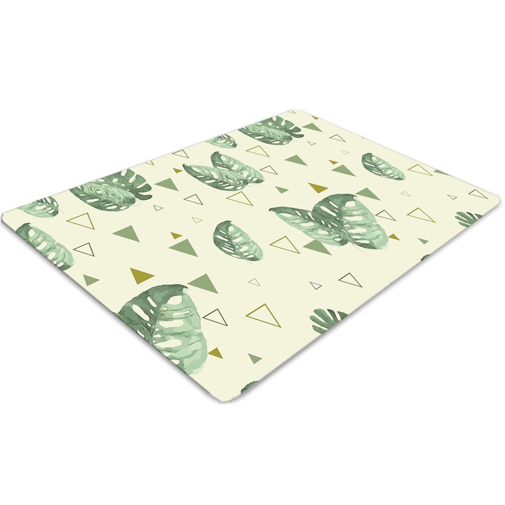 Covor pentru scaun de birou, PVC, monstera si triunghiuri, Verde, 140 cm x 100 cm, 010250310030100012251
