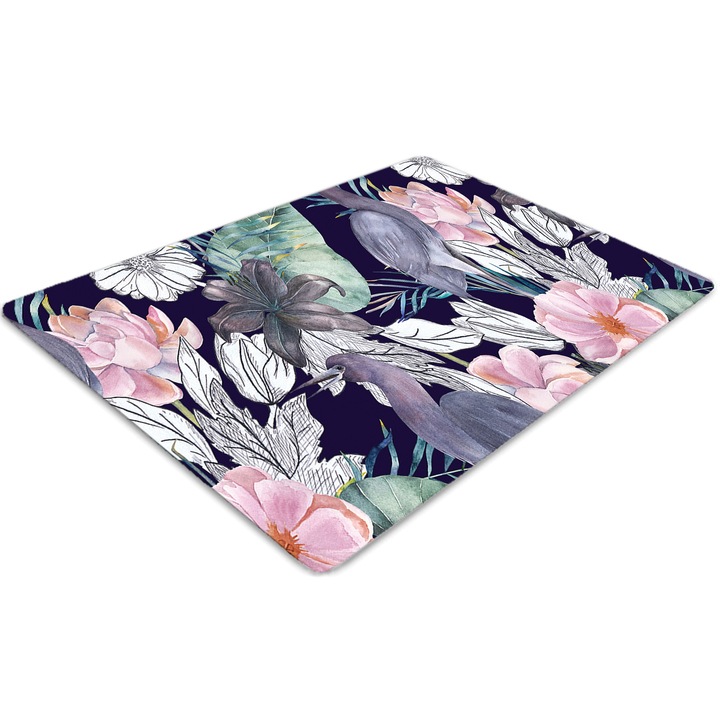 Covor pentru scaun de birou, PVC, pasari in flori, Albastru, 140 cm x 100 cm, 010250310030100030454