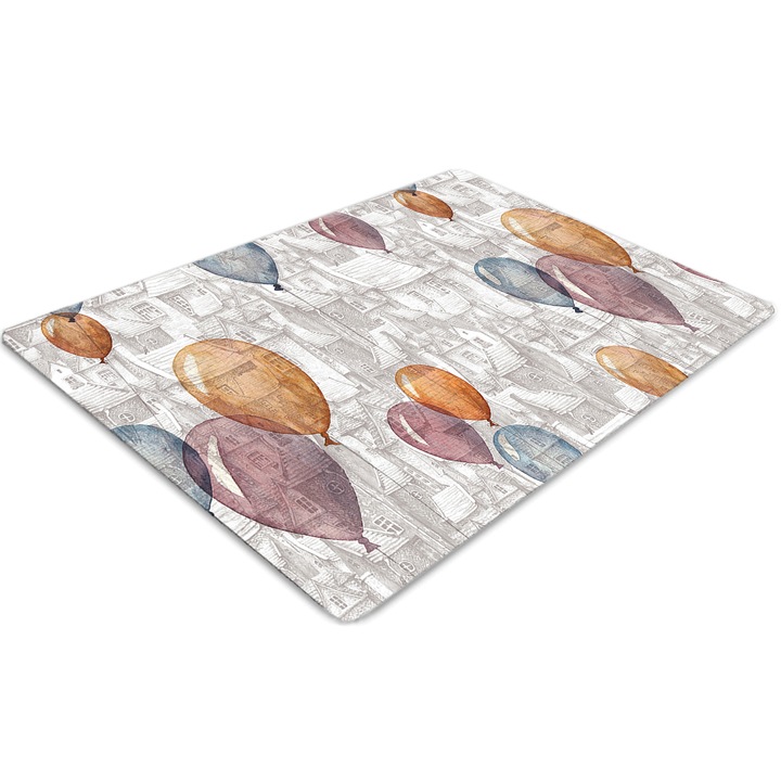 Covor pentru scaun de birou, PVC, baloane si case, Alb, 140 cm x 100 cm, 010250310030100030324