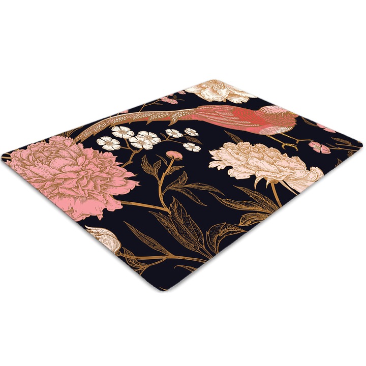 Covor pentru scaun de birou, PVC, bujor cu o pasare, Negru, 140 cm x 100 cm, 010250310030100012675