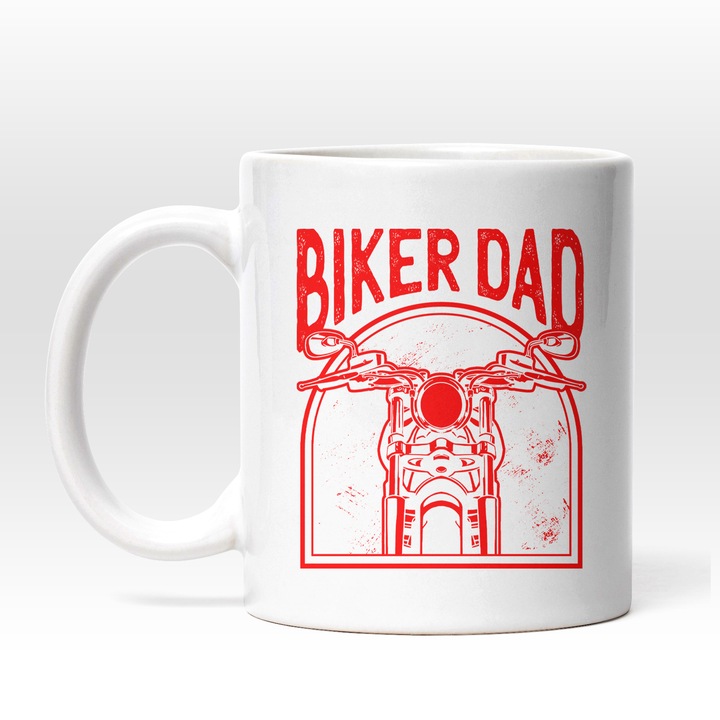 Cana Pentru Tatal Iubitor De Biciclete si Motociclete cu Mesajul Biker Dad, Ceramica, 330 ml, Rosu