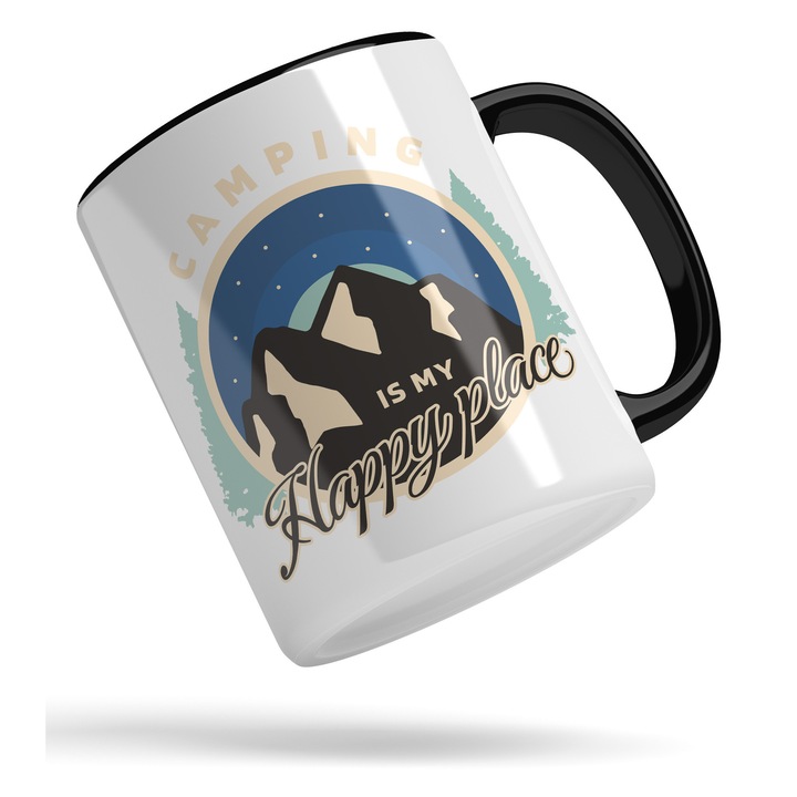 Cana Pentru Iubitorii de Camping In Aer Liber, In Padure sau Pe Munte cu Mesajul Padurea Ma Cheama The Woods are Calling 330 ml, Maner si Interior Negru