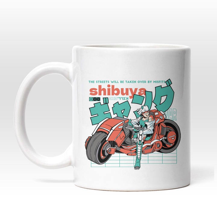 Cana Personalizata Motocicleta Cyberpunk Ilustrata cu Text in Diferite Limbi, 330 ml, Rosu, Negru, Gri, Verde