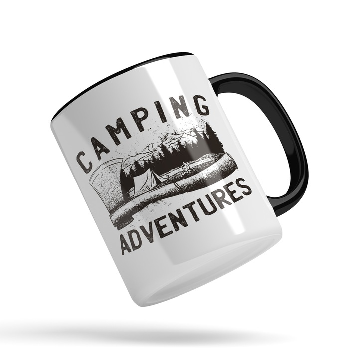 Cana Pentru Iubitorii de Calatorii, Drumetii si de Aventuri cu Cortul cu Mesajul Camping Adventures, 330 ml, Negru