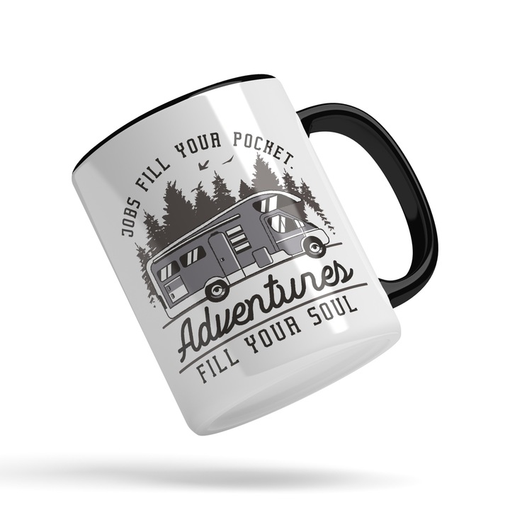 Cana Pentru Calatorii cu Rulota si Iubitorii de Aventura cu Mesajul Adventures Fill Your Soul 330 ml, Maner si Interior Negru si Alb