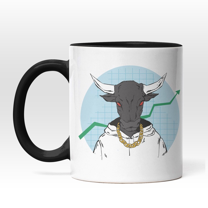Cana Pentru Investitorii pe Pietele De Capital, Bursa de Valori, Cryptomonede sau NFT, Taur Bull Market 330 ml, Maner si Interior Negru, Culorile Alb, Gri, Albastru si Galben