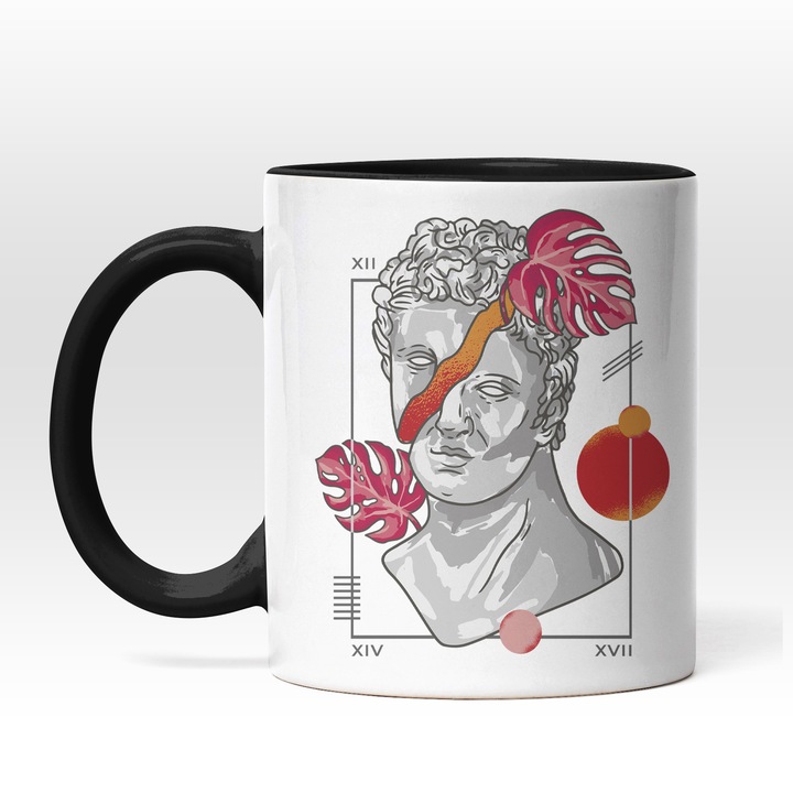 Cana Artistica Sculptura Sparta Abstracta, Opera de Arta 330 ml, Maner si Interior Negru, Culorile Alb, Gri si Rosu