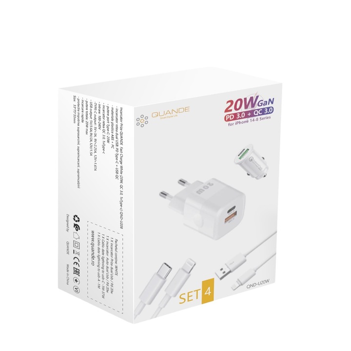 4db szett, töltő 20W PD Type-C, USB QC, iPhone 14, 13, 12, 11, xs max, fehér