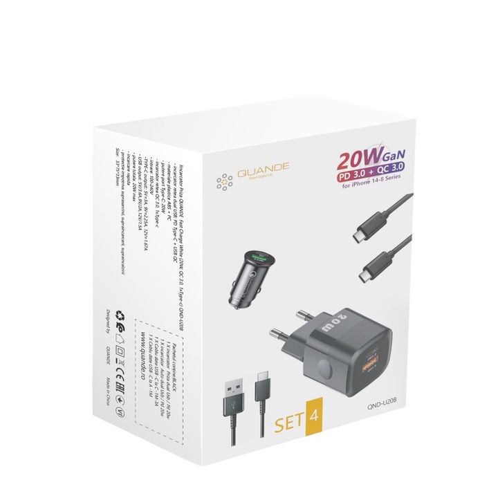 4 db-os készlet, töltő 20W PD Type-C, USB QC, Samsung s21, s20, s10, fekete