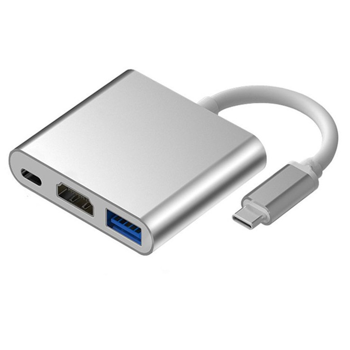 Adaptor HUB 3 in 1 USB C la HDMI 4K Multiport, 3 in 1 Hub Type-C cu USB 3.0 + port de incarcare USB C convertor digital compatibil pentru MacBook/Chromebook Pixel/Dell