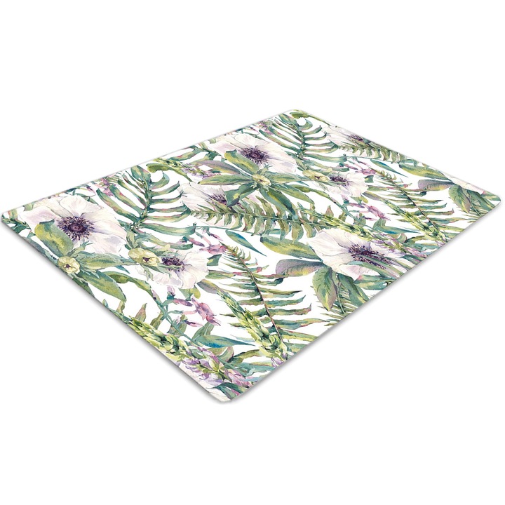 Covor pentru scaun de birou, PVC, flori albe, Verde, 140 cm x 100 cm, 010250310030100006619