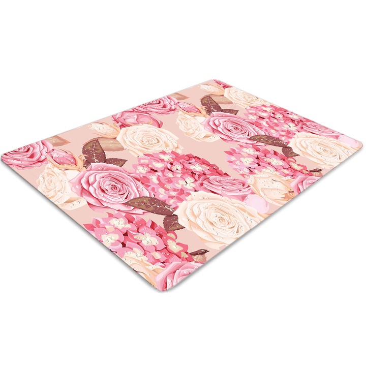 Covor pentru scaun de birou, PVC, trandafiri si hortensii, Roz, 140 cm x 100 cm, 010250310030100030437