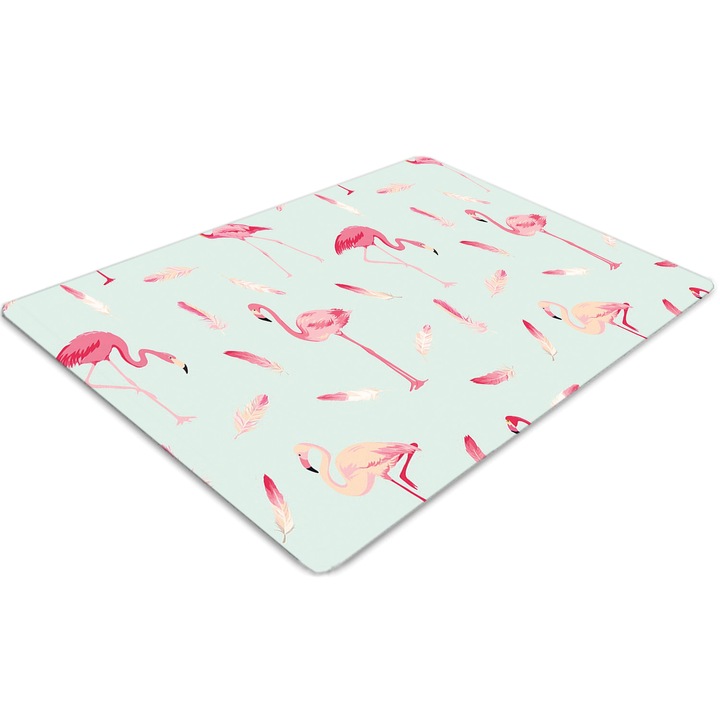 Covor pentru scaun de birou, PVC, flamingo si pene, Verde, 140 cm x 100 cm, 010250310030100030461