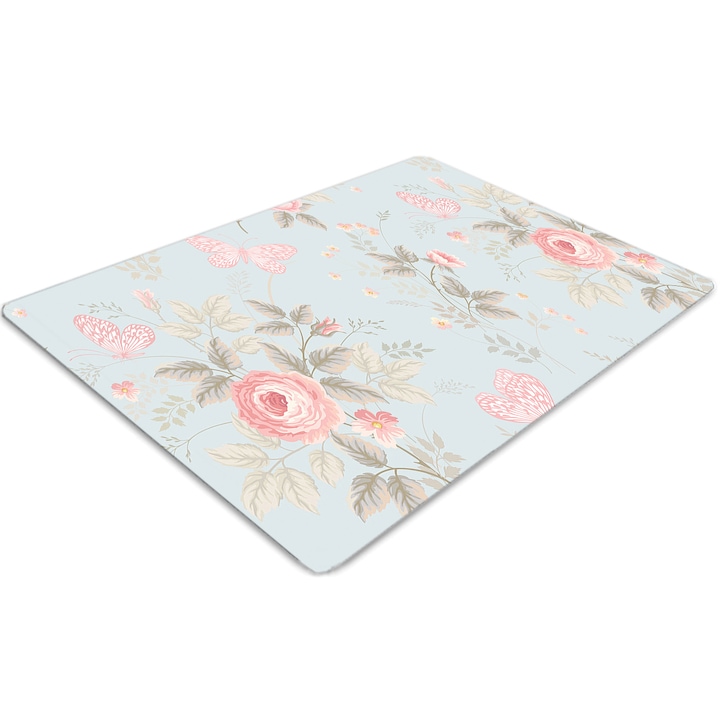 Covor PVC. Tulup. Vinil. Dreptunghi. Trandafiri si fluturi. Albastru. 100 cm x 70 cm. 010250310010100030457