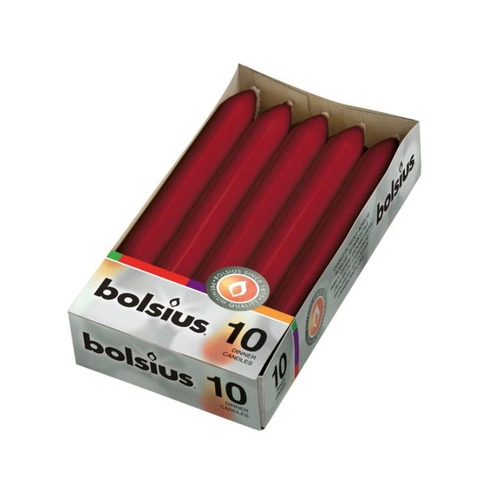 Комплект от 10 цилиндрични свещи Bolsius, височина 170 мм, диаметър 20 мм, време на горене 5 часа, цвят череша