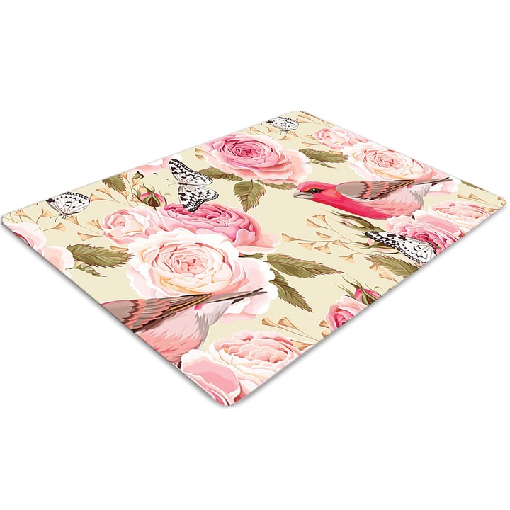 Covor pentru scaun de birou, PVC, pasari, flori, fluturi, Roz, 140 cm x 100 cm, 010250310030100030433