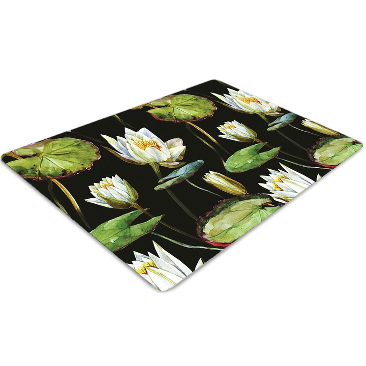 Covor pentru scaun de birou, PVC, flori de lotus, Negru, 140 cm x 100 cm, 010250310030100030583