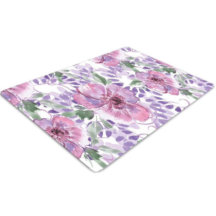 Covor PVC, Tulup, Vinil, Dreptunghi, Flori violete, Roz, 140 cm x 100 cm, 010250310030100029980