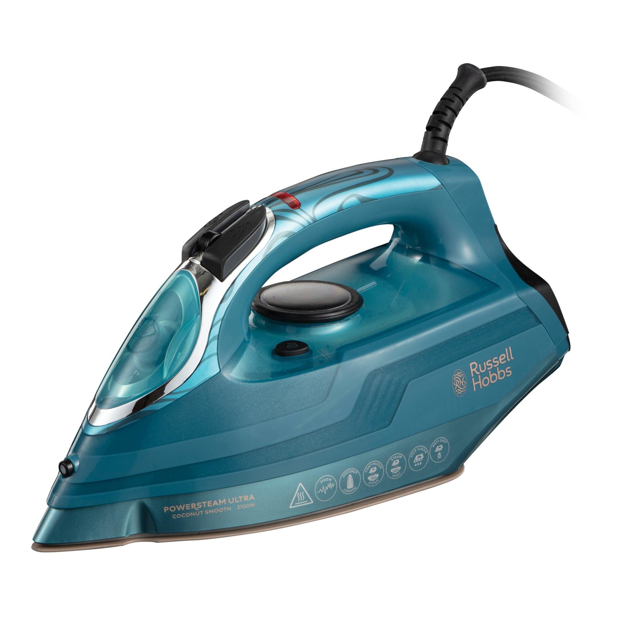 Fier de calcat Russell Hobbs PowerSteam Ultra Coconut Smooth 26340-56, 3100 W, Talpa ceramica cu cocos, 230/70 g abur, 350 ml, Albastru