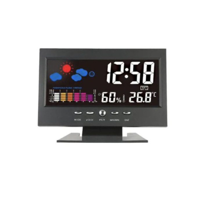 Statie meteo de interior cu ceas si alarma, afisare ora, data, temperatura, umiditate, LCD color, Negru, TCL-BBL6986
