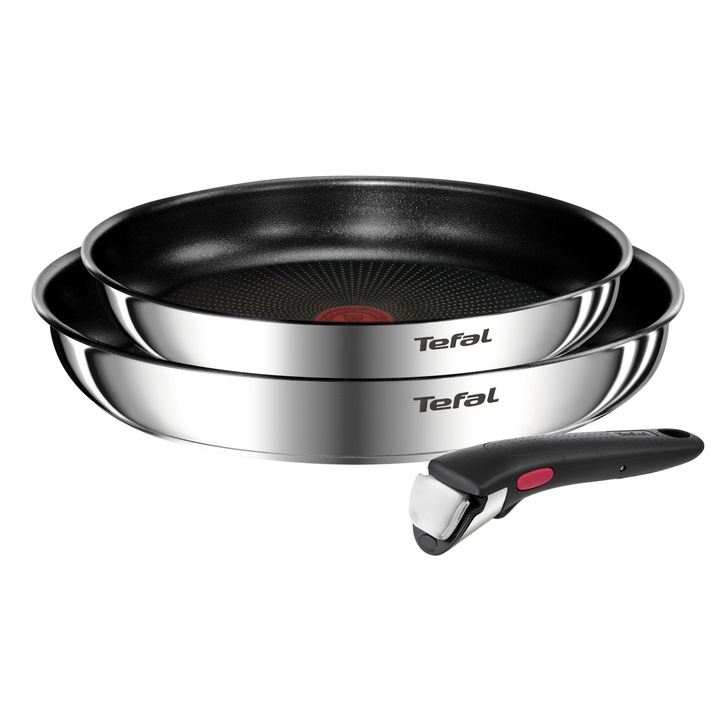 Set 3 piese TEFAL Ingenio Emotion L897S374, inductie (2 tigai 24 cm & 28 cm, 1 maner detasabil ), Tehnologia Thermo-Signal, inox