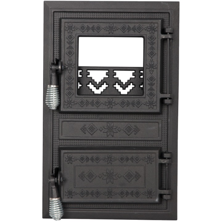 Usa pentru soba monobloc cu geam si cenusar motive romanesti Sita, 475x295 mm, negru mat