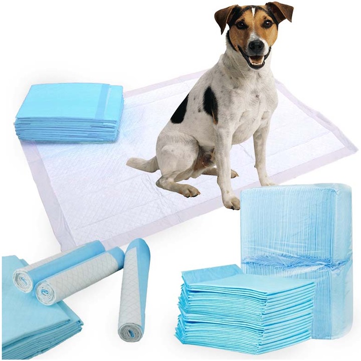 Set 50 covorase absorbante igienice pentru caini, albastru, 60 x 45 cm, marimea M